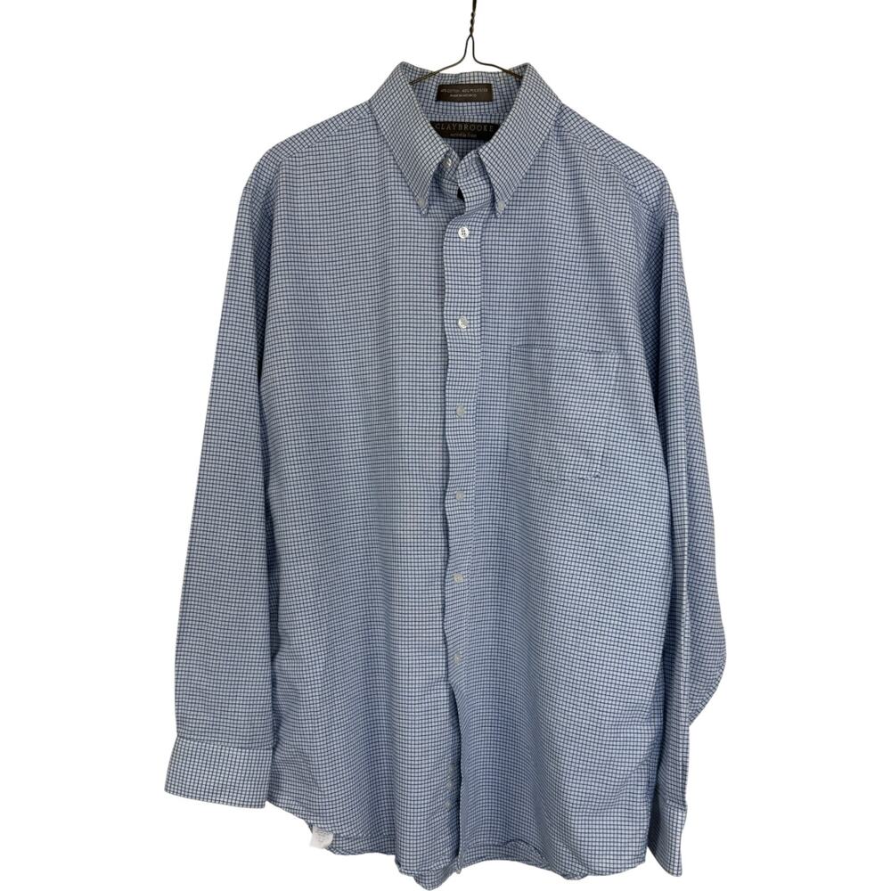 Claybrooke Wrinkle Free Button Up Shirt 16 34/35 Blue‎ Check Cotton Blend